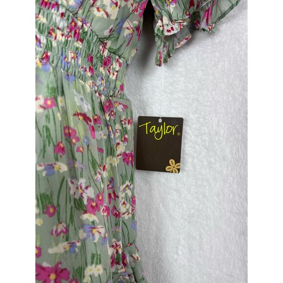 NEW Taylor Floral Print Chiffon Smocked A Line Summer Spring Dress Green Sz 8 - Picture 6 of 14